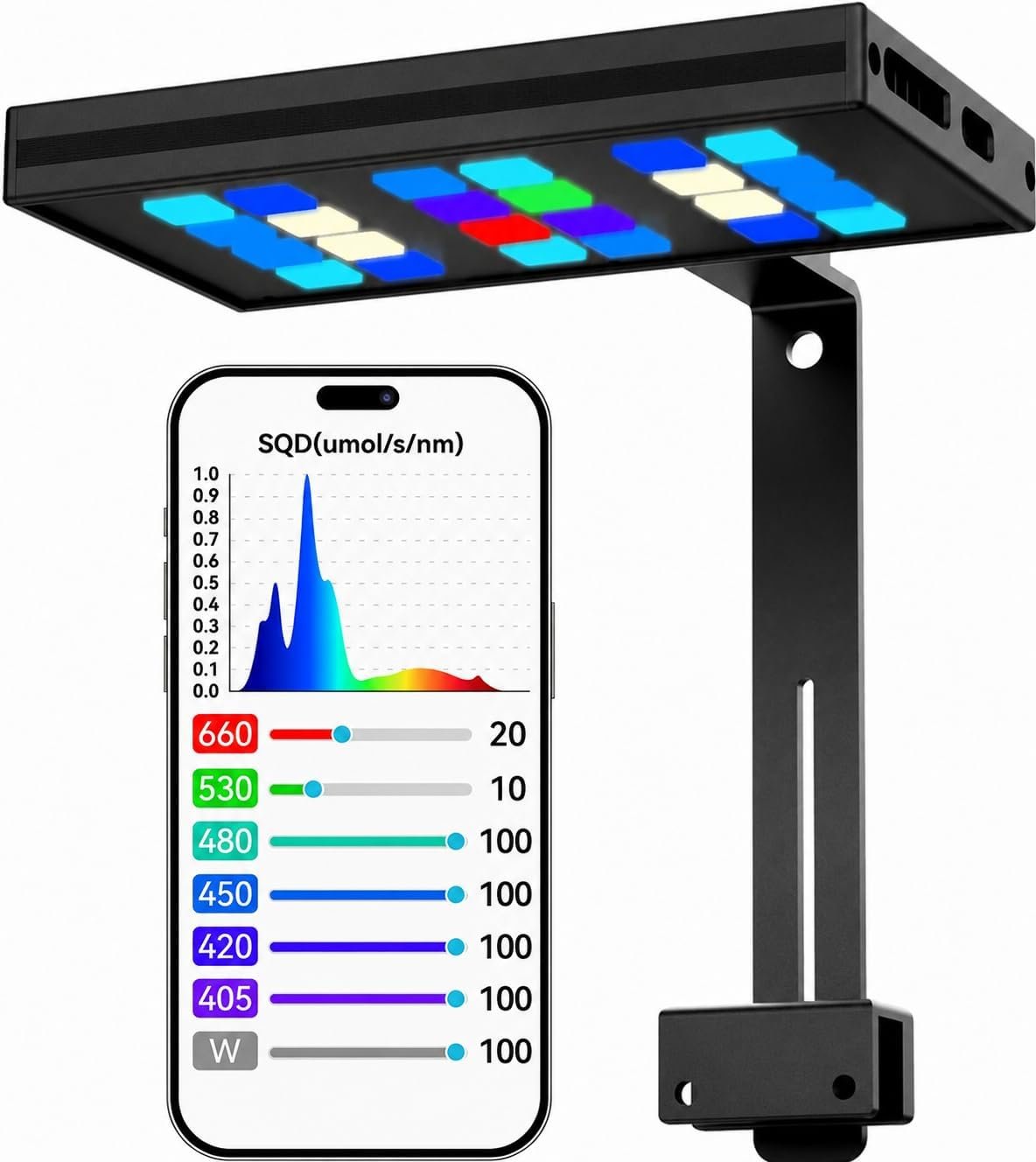 MegaReef 100 reef LED light with seven-channel app controls and spectrum display