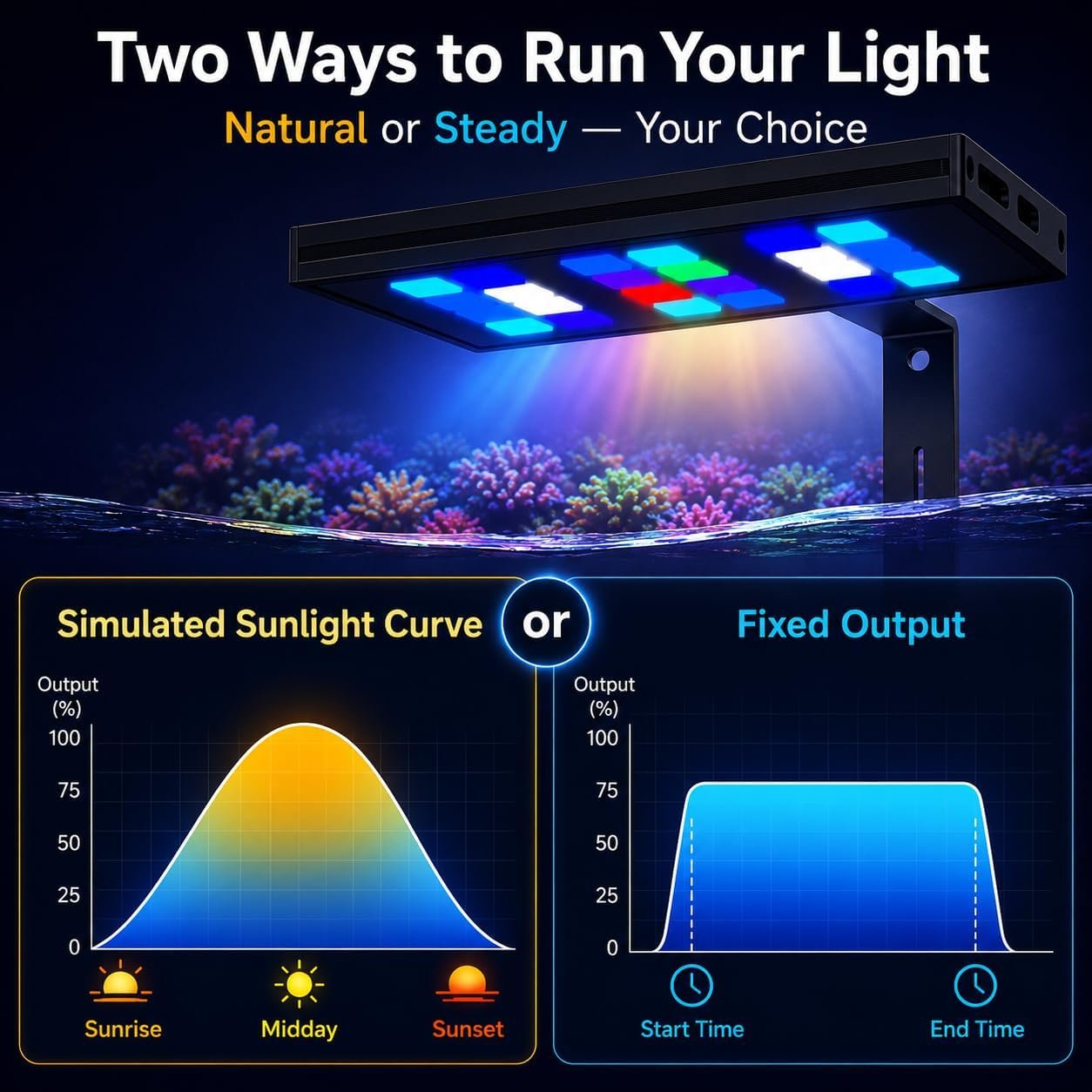 MegaReef 100 simulated sunlight curve and fixed-output operating choices