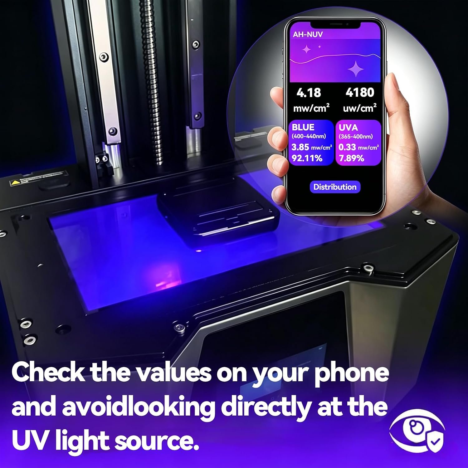 AH-NUV Bluetooth app displaying UV irradiance values