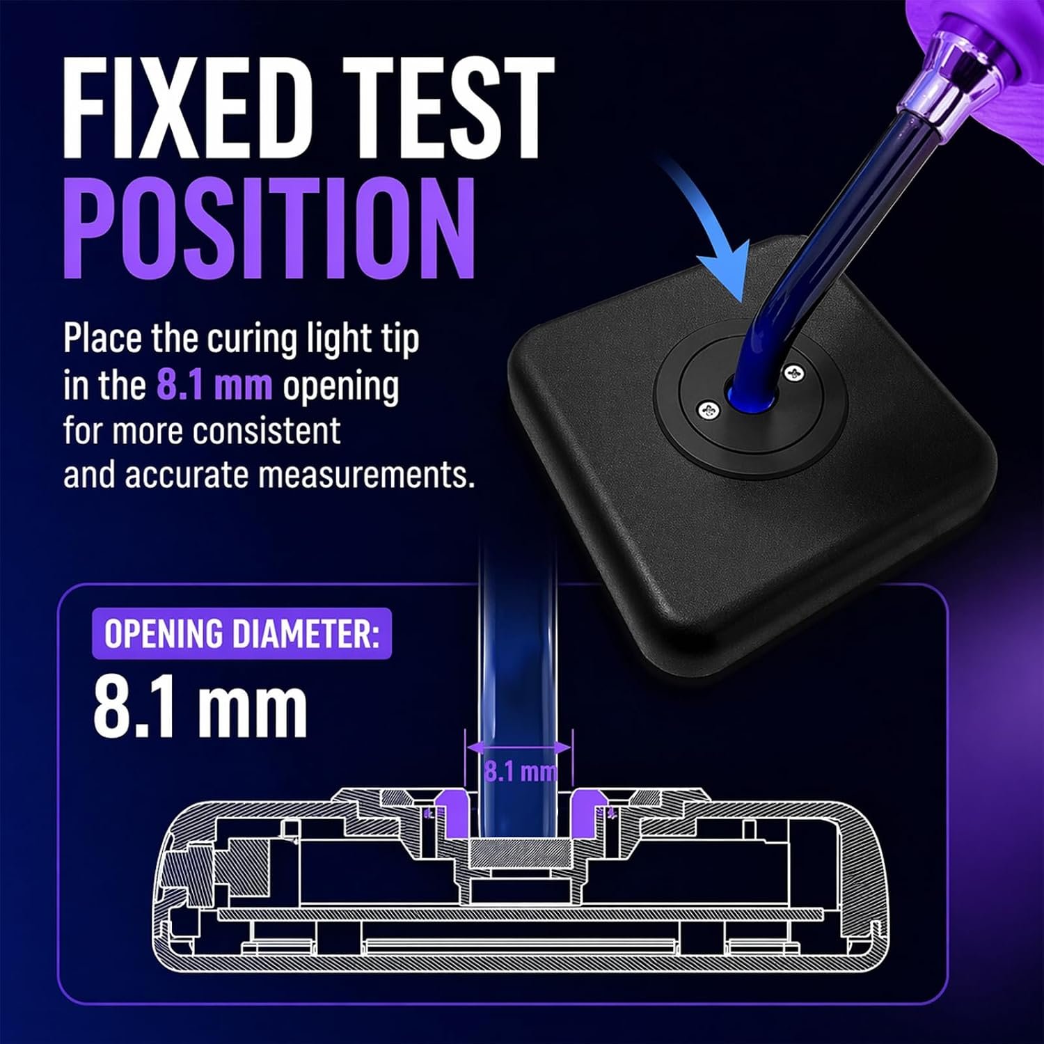 Fixed 8.1 mm test opening for dental curing light tip