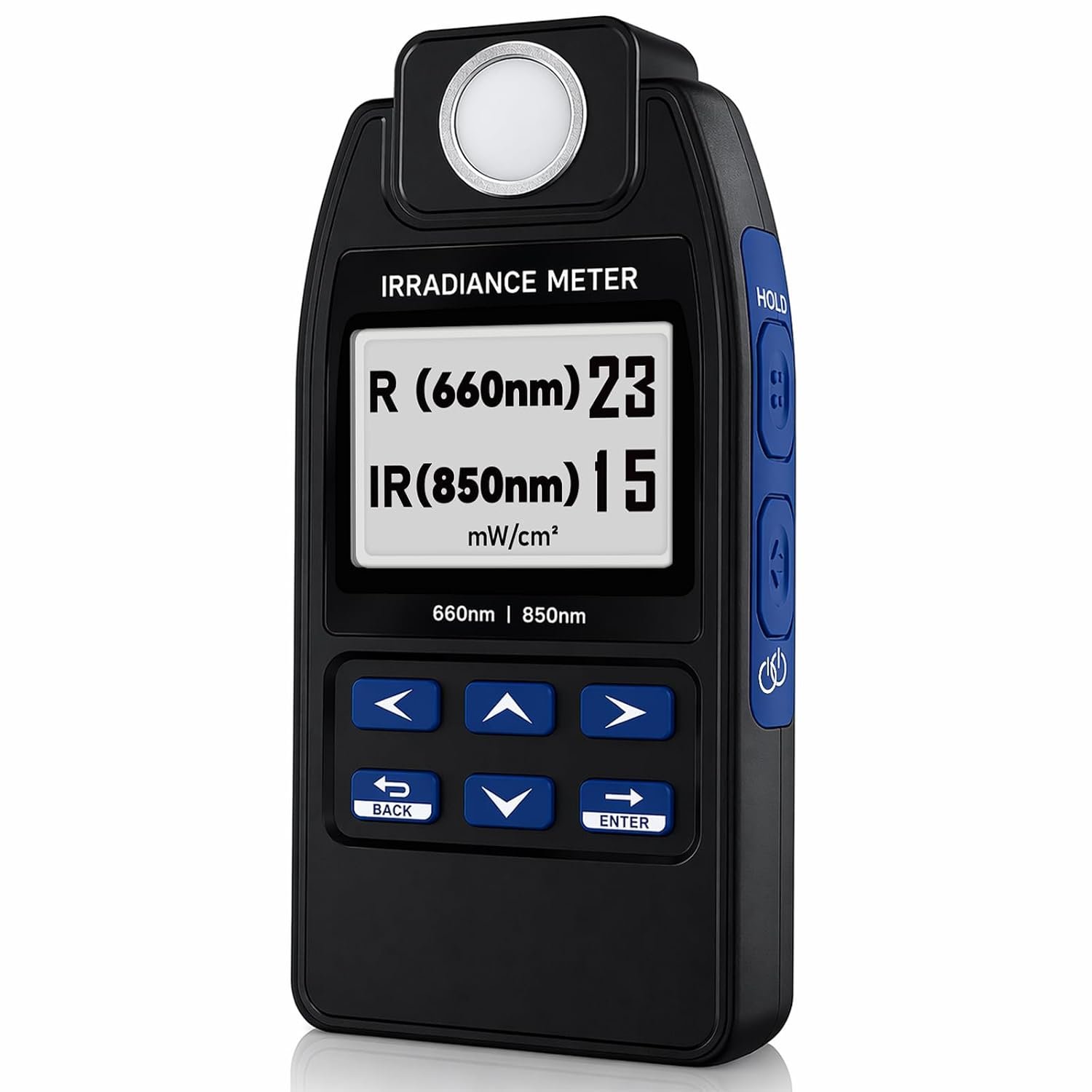 AquaHorti AH-DRNIR red and near-infrared irradiance meter showing separate 660 nm and 850 nm readings