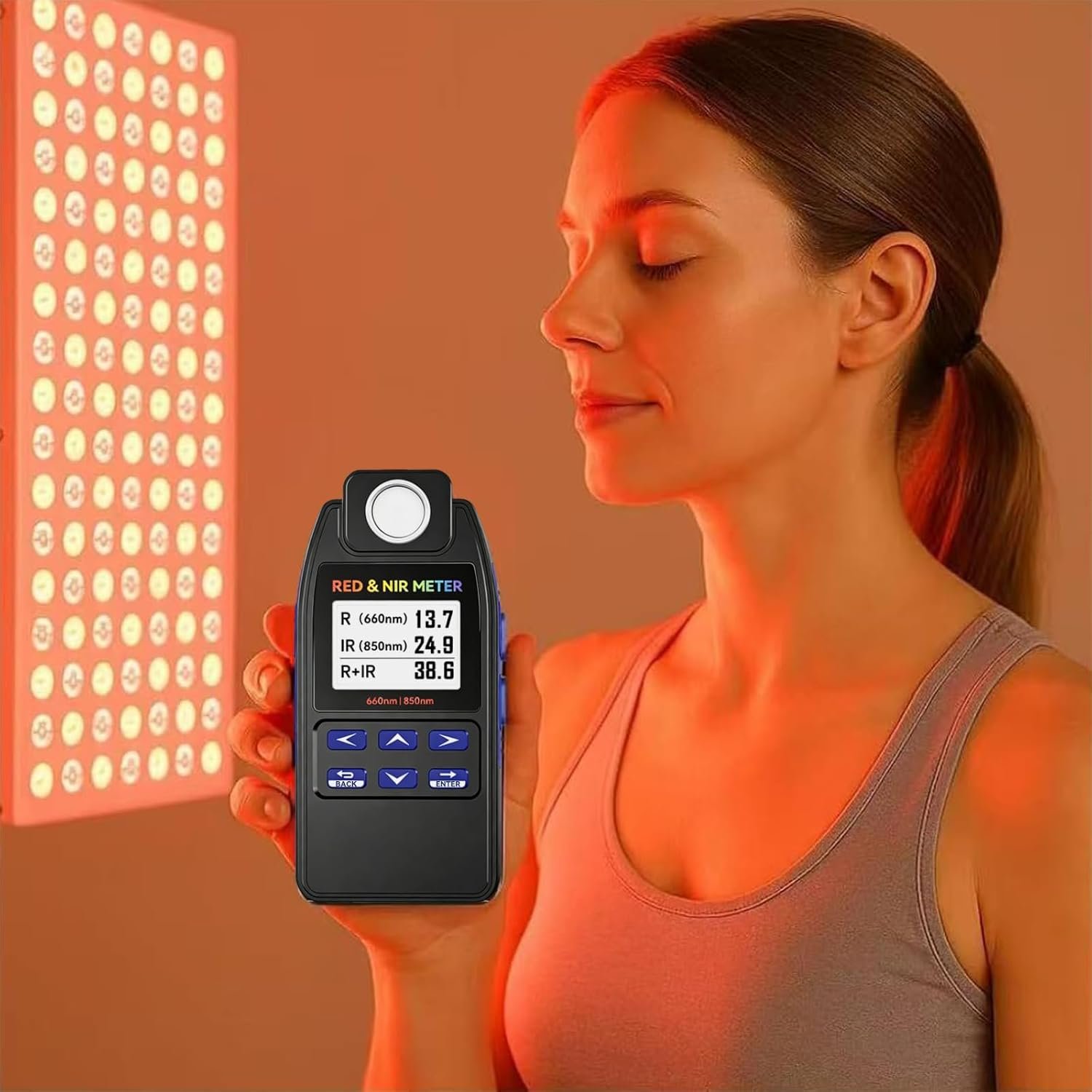AH-DRNIR meter being used near a red and near-infrared light panel