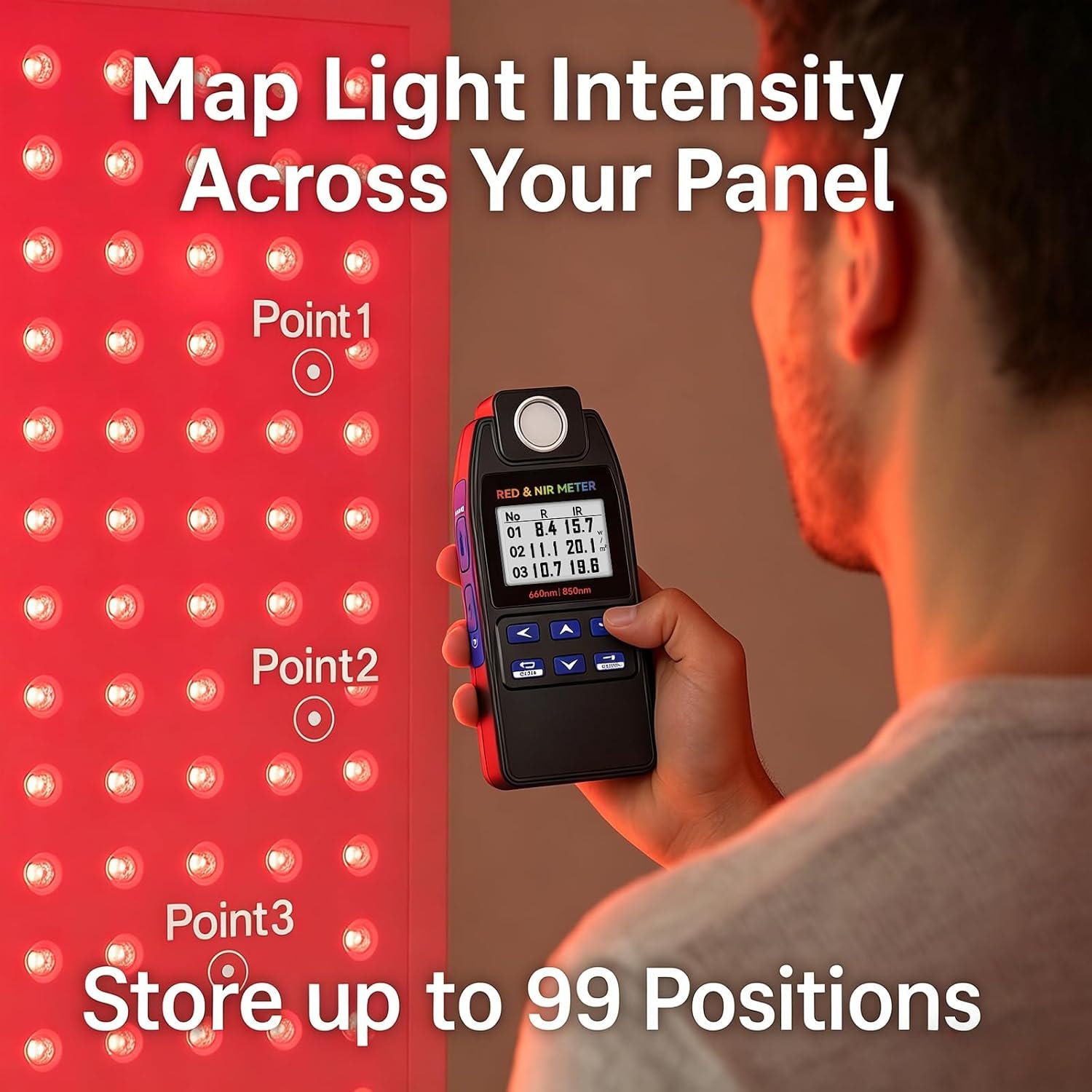 Measuring multiple positions across a red light panel and storing up to 99 readings