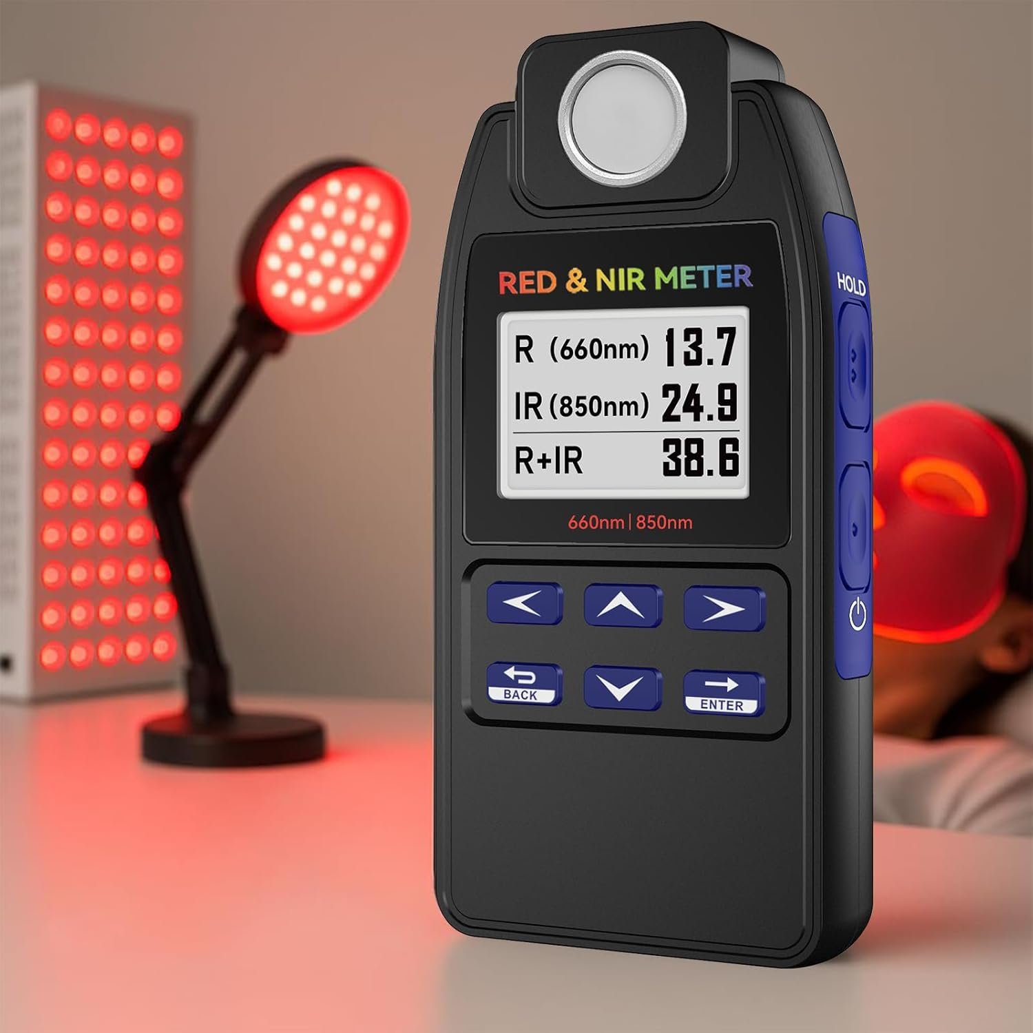 AH-DRNIR handheld irradiance meter with red and near-infrared light devices in the background