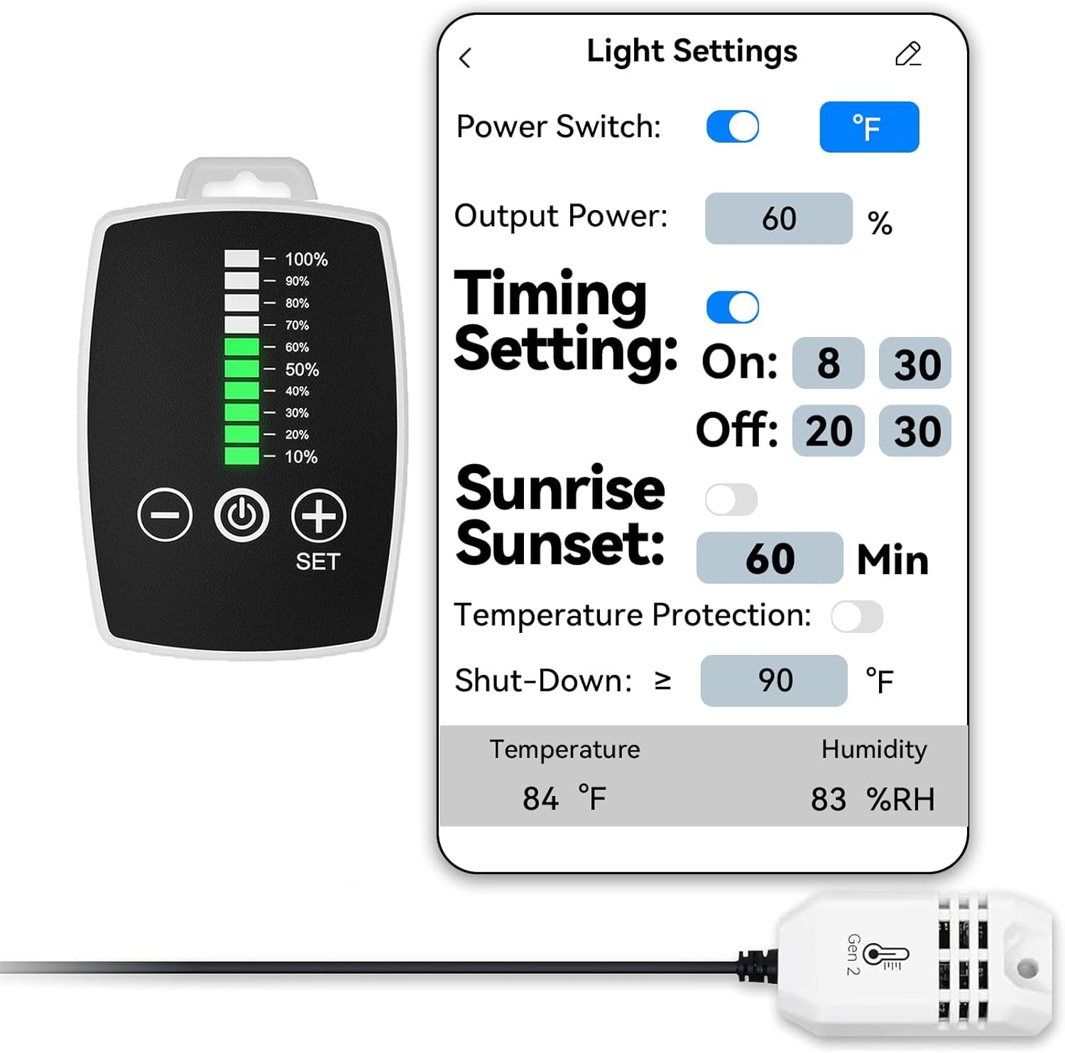 AquaHorti AH-LightFan controller, phone interface, and temperature humidity sensor