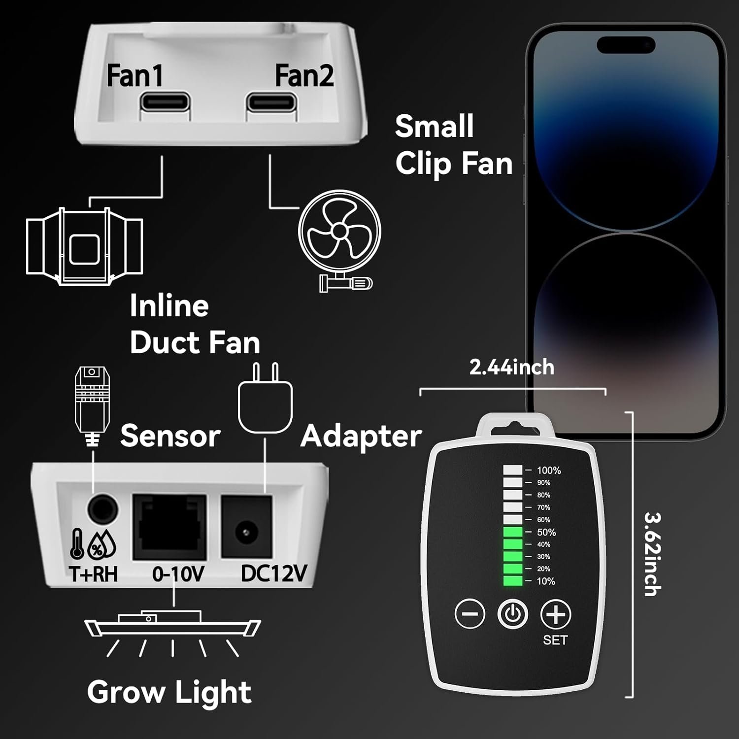 AH-LightFan connection diagram for two fans, temperature humidity sensor, 0-10V grow light, and 12V adapter
