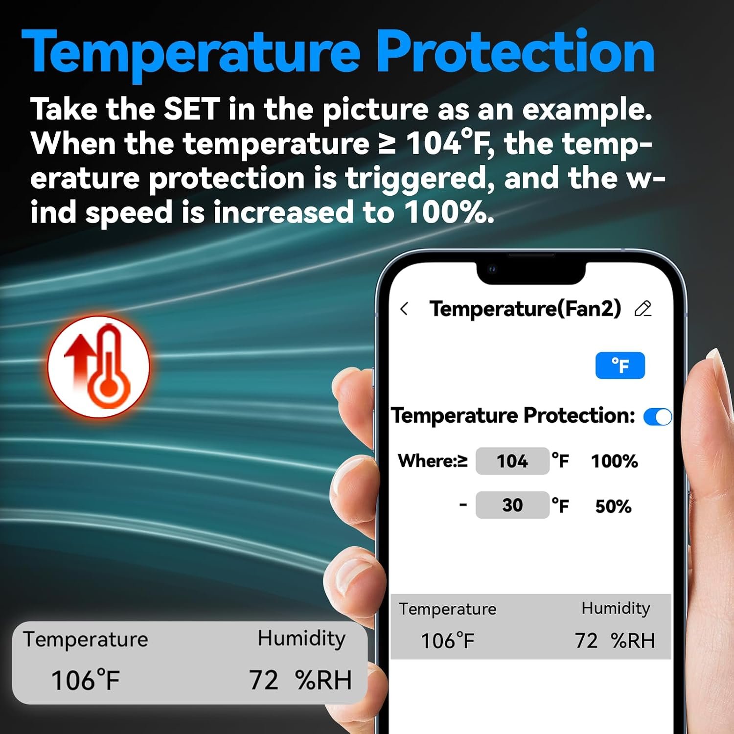 Temperature protection screen automatically increasing fan speed at a selected temperature threshold