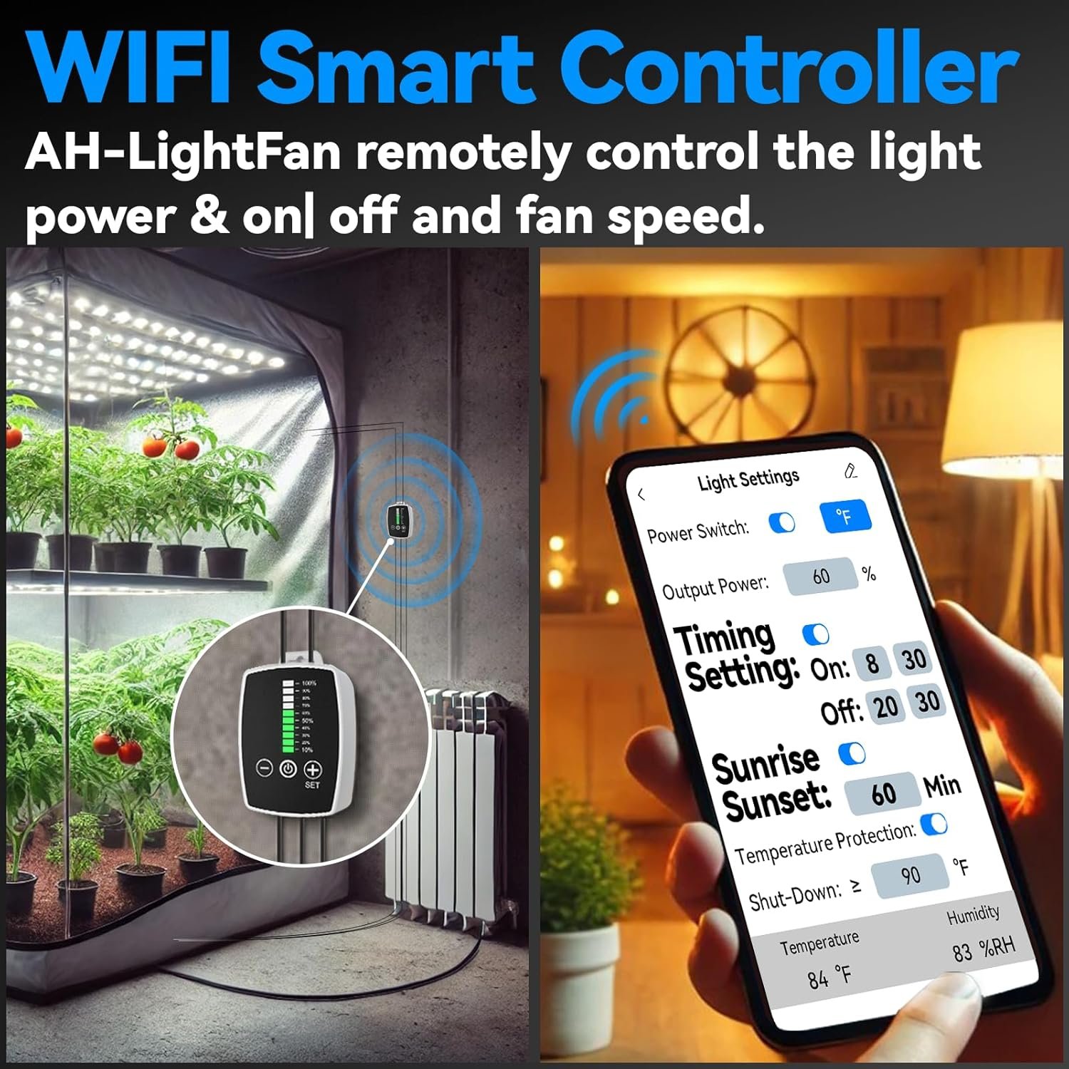 Wi-Fi smart controller remotely managing grow lights and fan settings