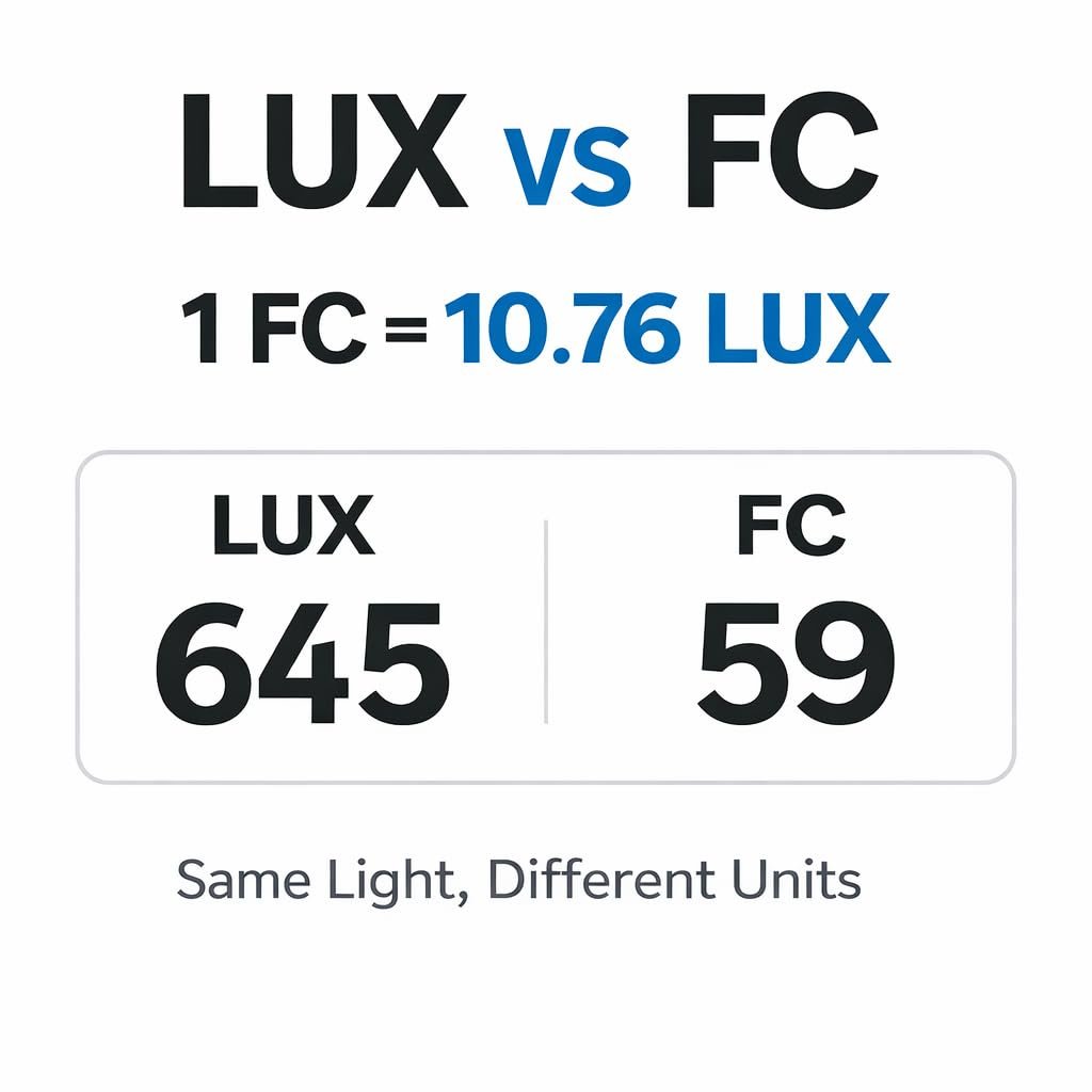LUX and foot-candle conversion example showing one foot-candle equals approximately 10.76 lux