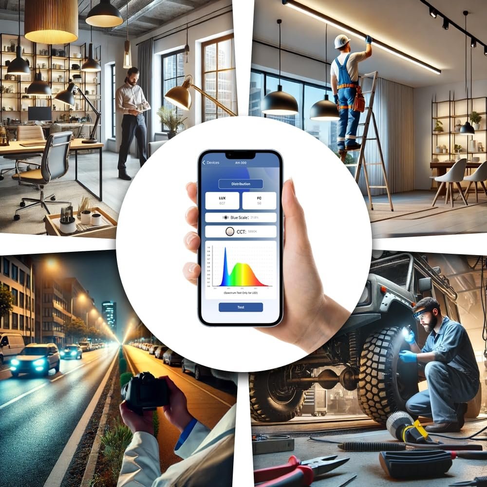 AH-300 light meter applications including office lighting installation outdoor lighting and workshop checks