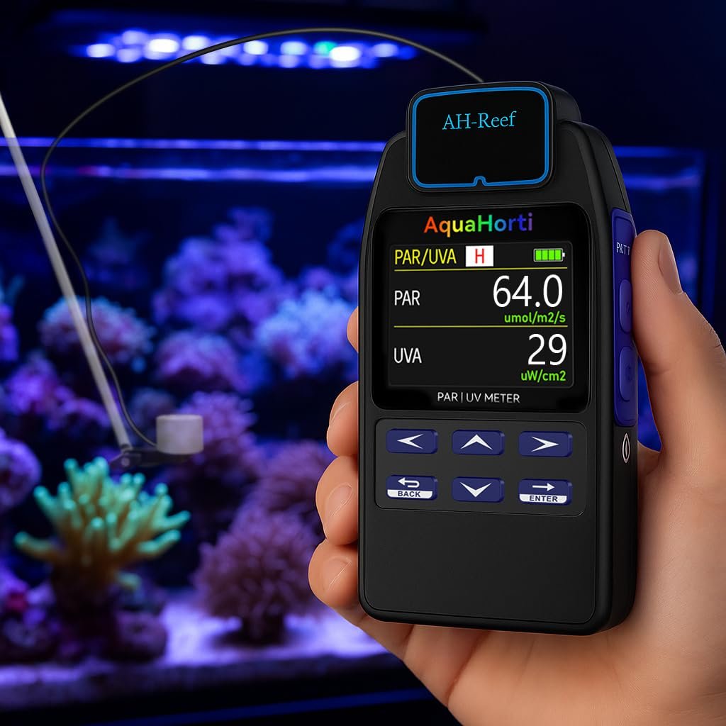 AH-Reef meter measuring PAR and UVA inside a reef aquarium
