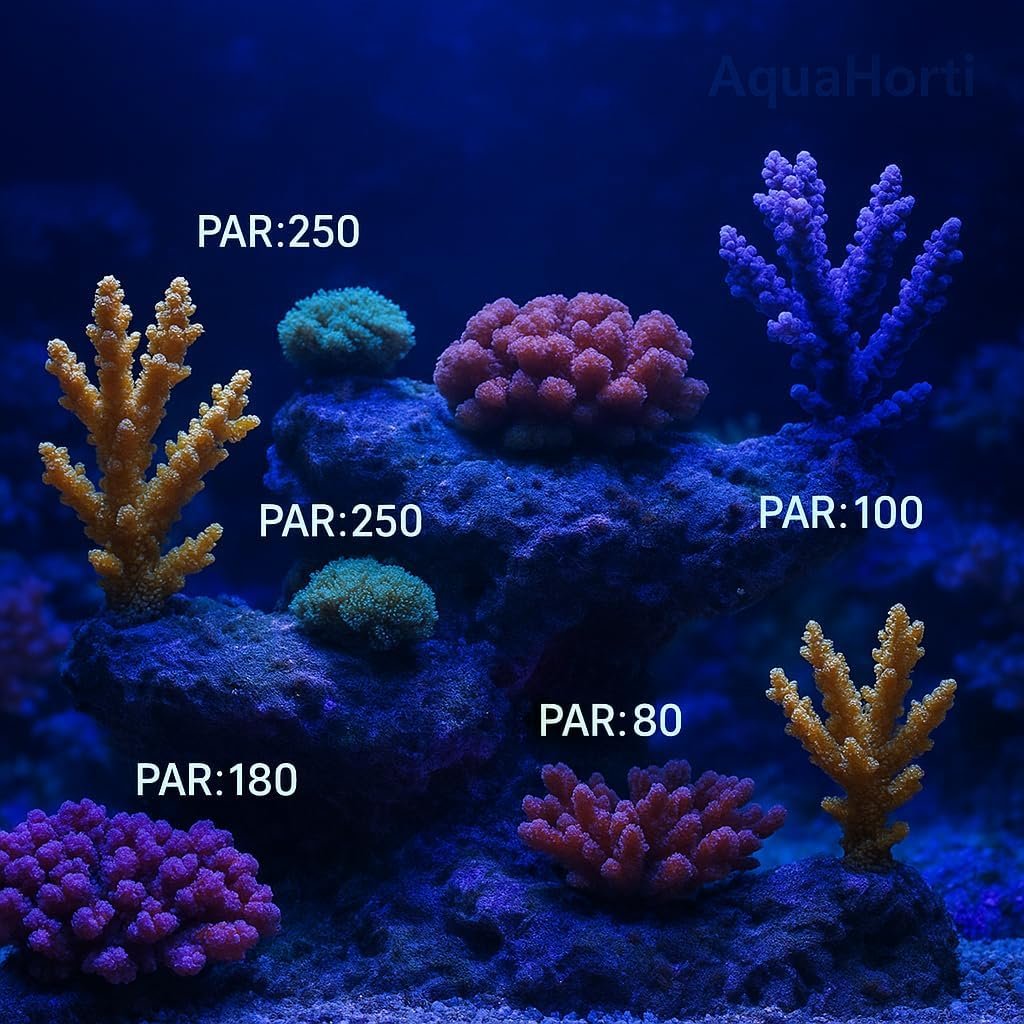 Different PAR measurement points across coral positions in a reef tank