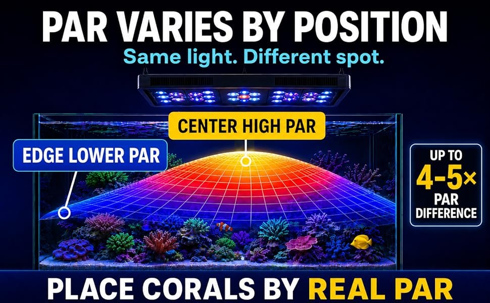 PAR distribution in a reef tank showing high center PAR and lower edge PAR