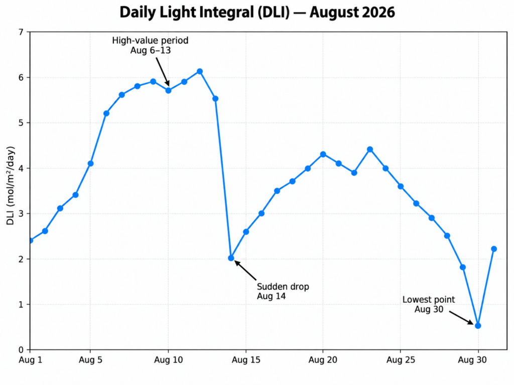 31-day Daily Light Integral DLI trend for August 2026