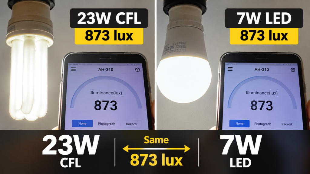 23W CFL and 7W LED comparison showing the same measured illuminance of 873 lux at the test position