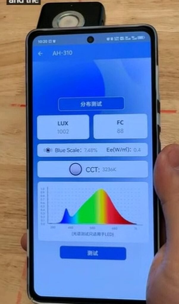 Real light measurement showing 3236K color temperature and 7.48 percent Blue Scale