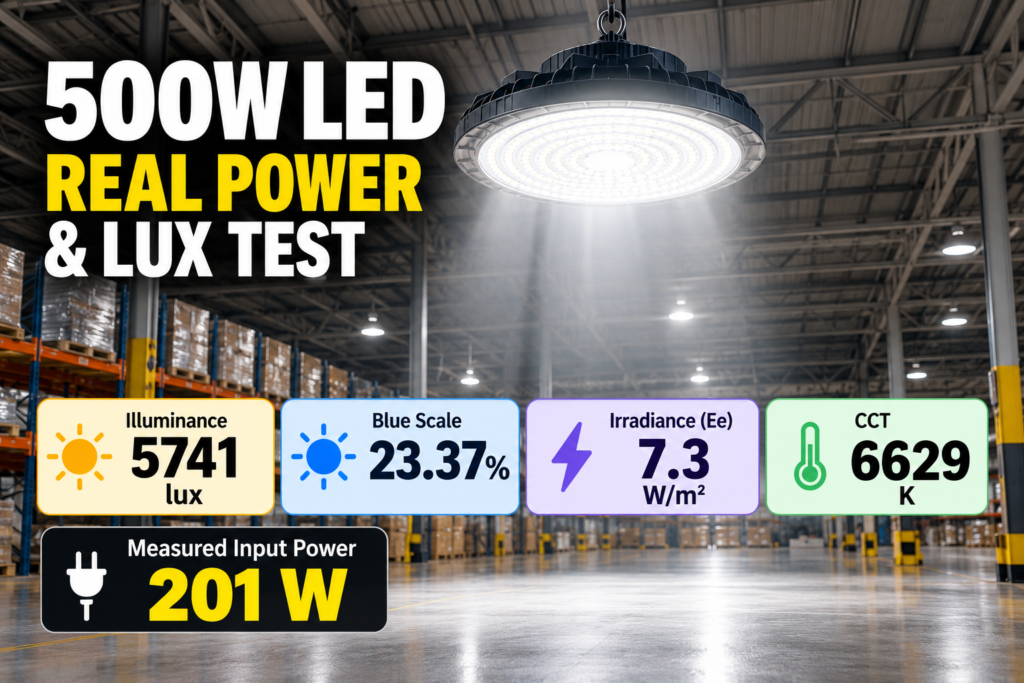 500W-labeled LED high-bay light test showing 201W measured input power, 5741 lux, 23.37% Blue Scale and 6629 K CCT