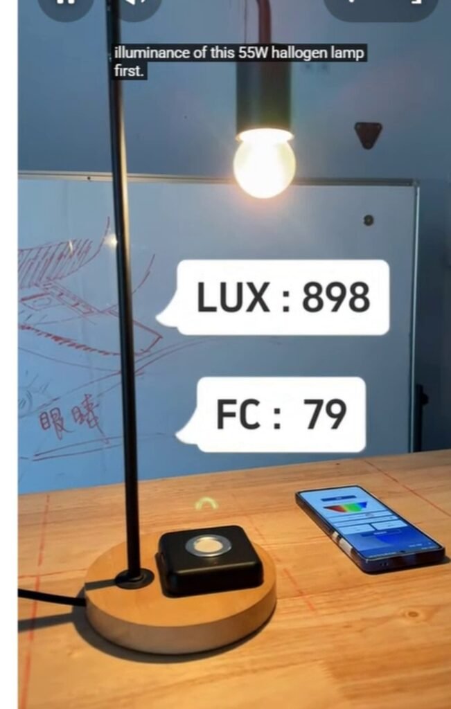 55W halogen lamp measured at 898 lux and 79 foot-candles