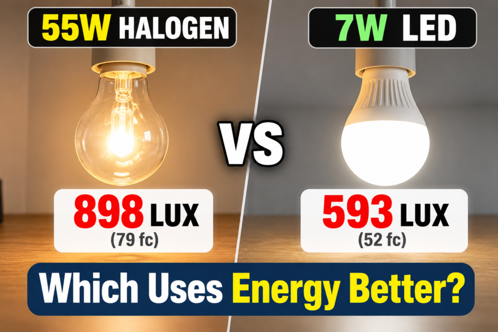 55W halogen vs 7W LED comparison showing 898 lux versus 593 lux