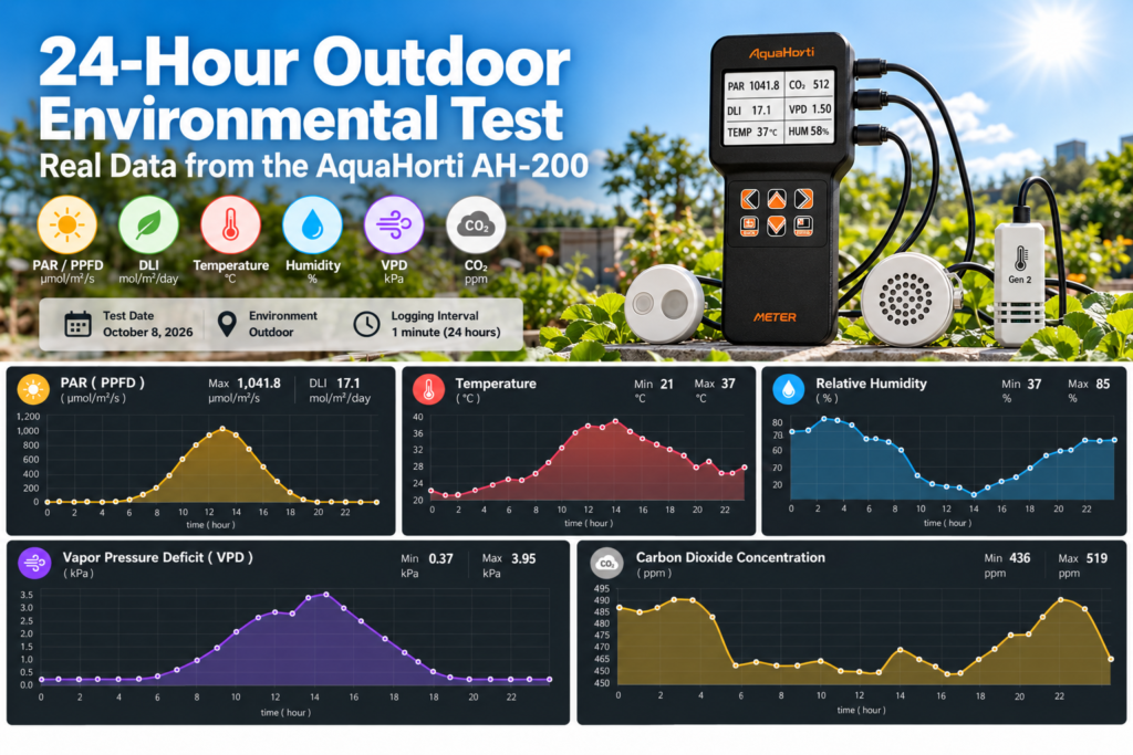 AquaHorti AH-200 24-hour outdoor PAR DLI CO2 VPD environmental test