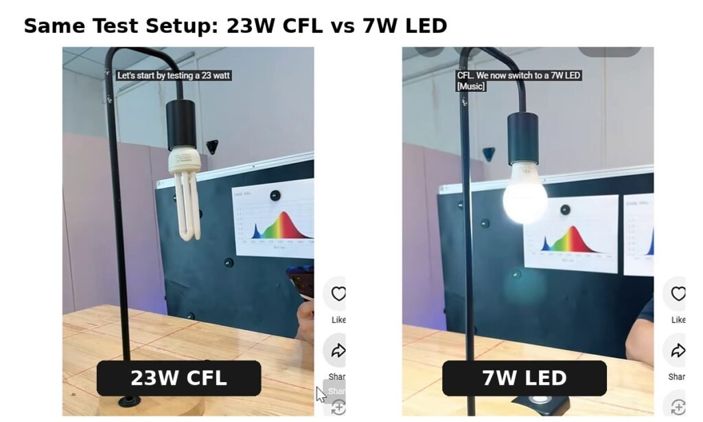 Real test setup comparing a 23W CFL and a 7W LED bulb under the same lamp position
