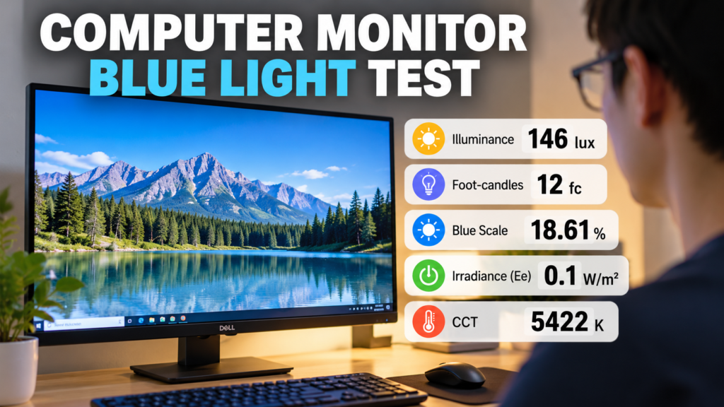 Computer monitor blue-light test showing 146 lux, 18.61% Blue Scale, 0.1 W/m² irradiance and 5422 K CCT