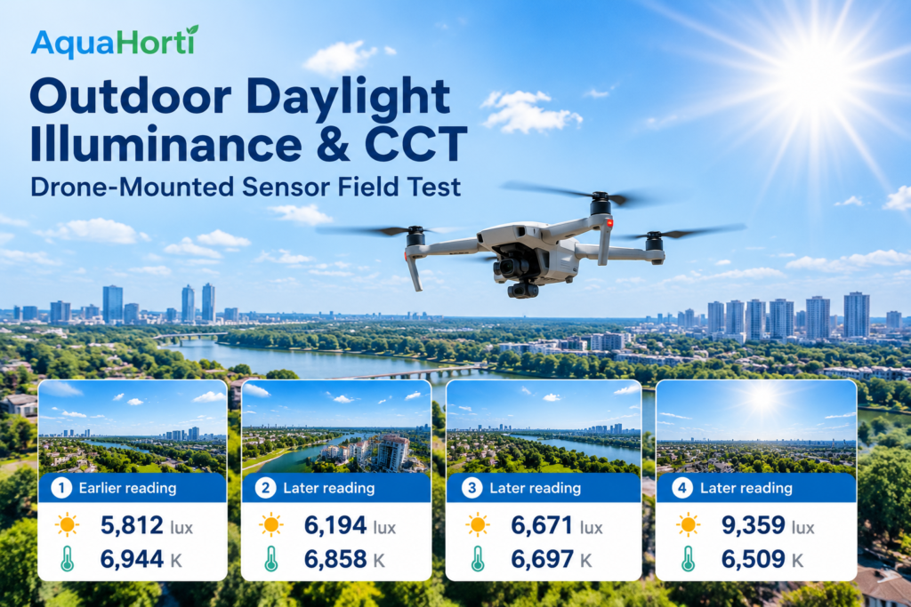 Outdoor daylight illuminance and CCT test using a drone, showing lux readings from 5812 to 9359 lux and color temperature from 6509K to 6944K.