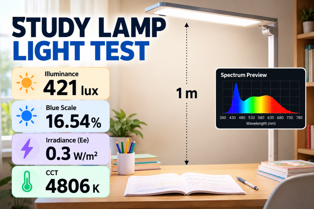 Floor-standing study lamp test showing 421 lux, 16.54% Blue Scale, 0.3 W/m² irradiance and 4806 K CCT at a 1 meter measurement distance