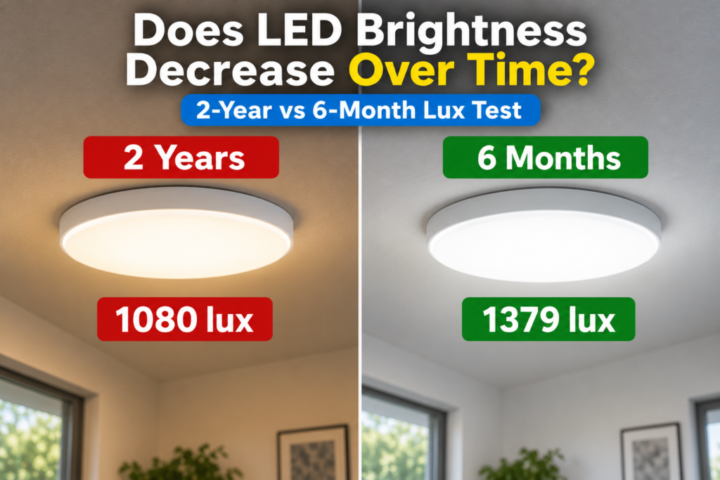 LED brightness comparison after 2 years and 6 months showing 1080 lux versus 1379 lux