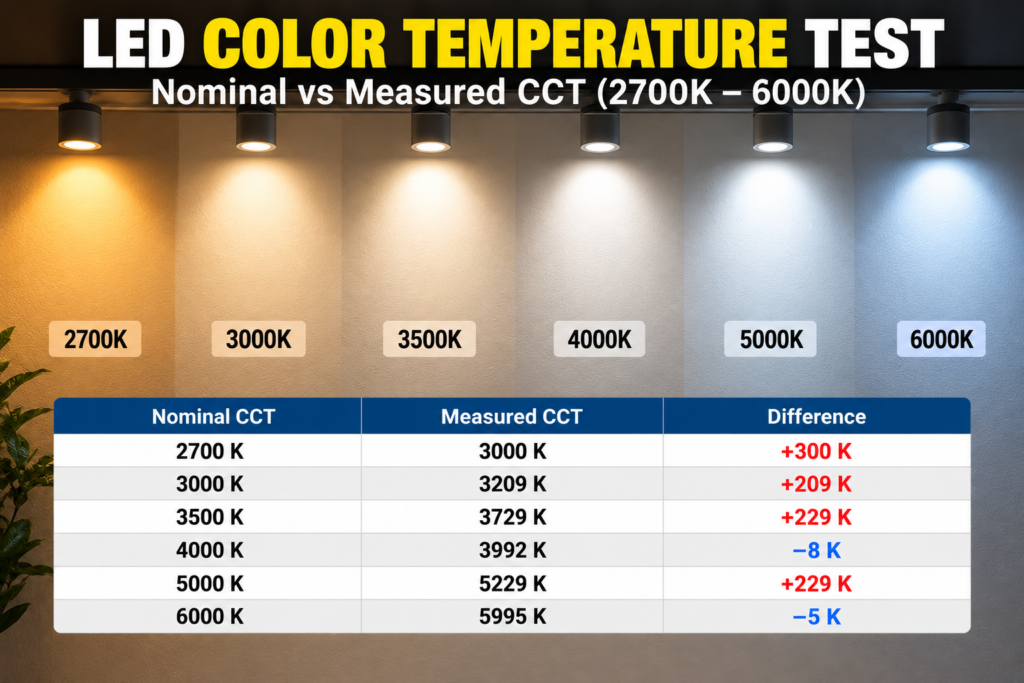 LED color temperature comparison from 2700K to 6000K showing nominal versus measured CCT values