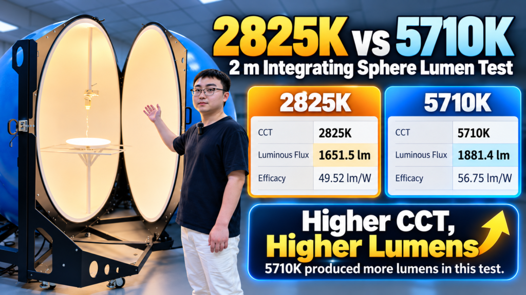 Integrating sphere test comparing luminous flux at approximately 2825K and 5710K color temperatures