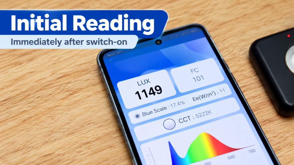 Initial LED illuminance measurement showing 1149 lux immediately after switch-on