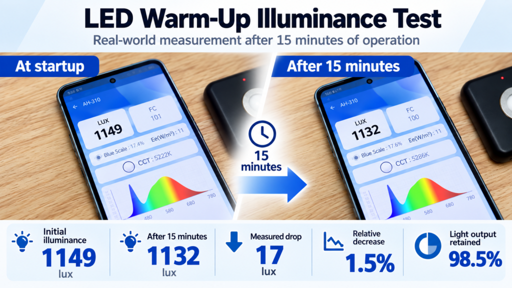 LED warm-up calculation showing 1132 divided by 1149 equals approximately 98.5 percent illuminance retention