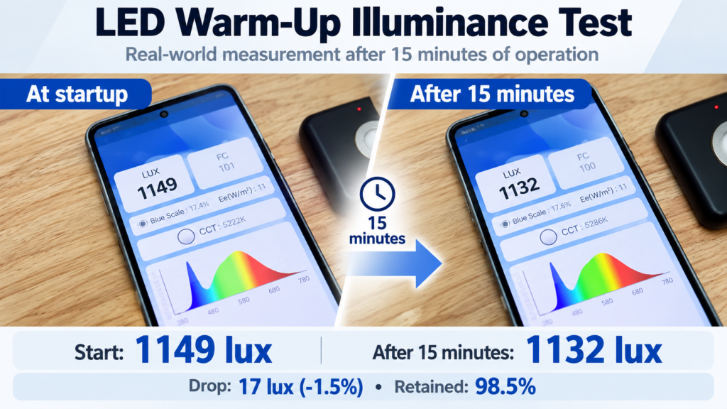 LED warm-up illuminance test comparing 1149 lux at startup with 1132 lux after 15 minutes