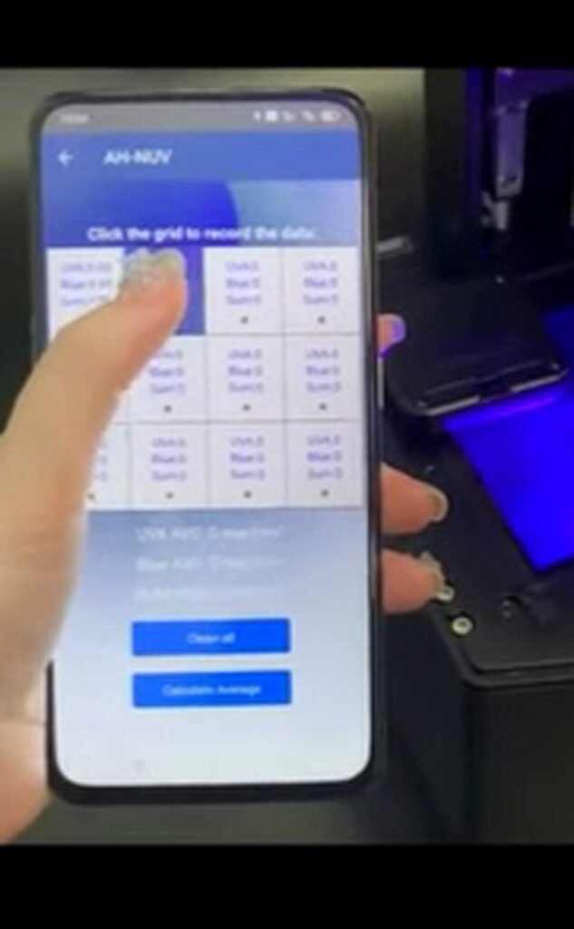 Resin 3D printer UV irradiance test setup using the AH-NUV sensor across the exposure area