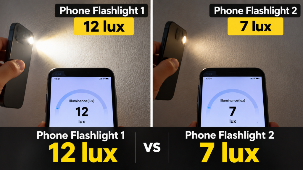 Smartphone flashlight comparison showing measured illuminance of 12 lux versus 7 lux at the sensor position