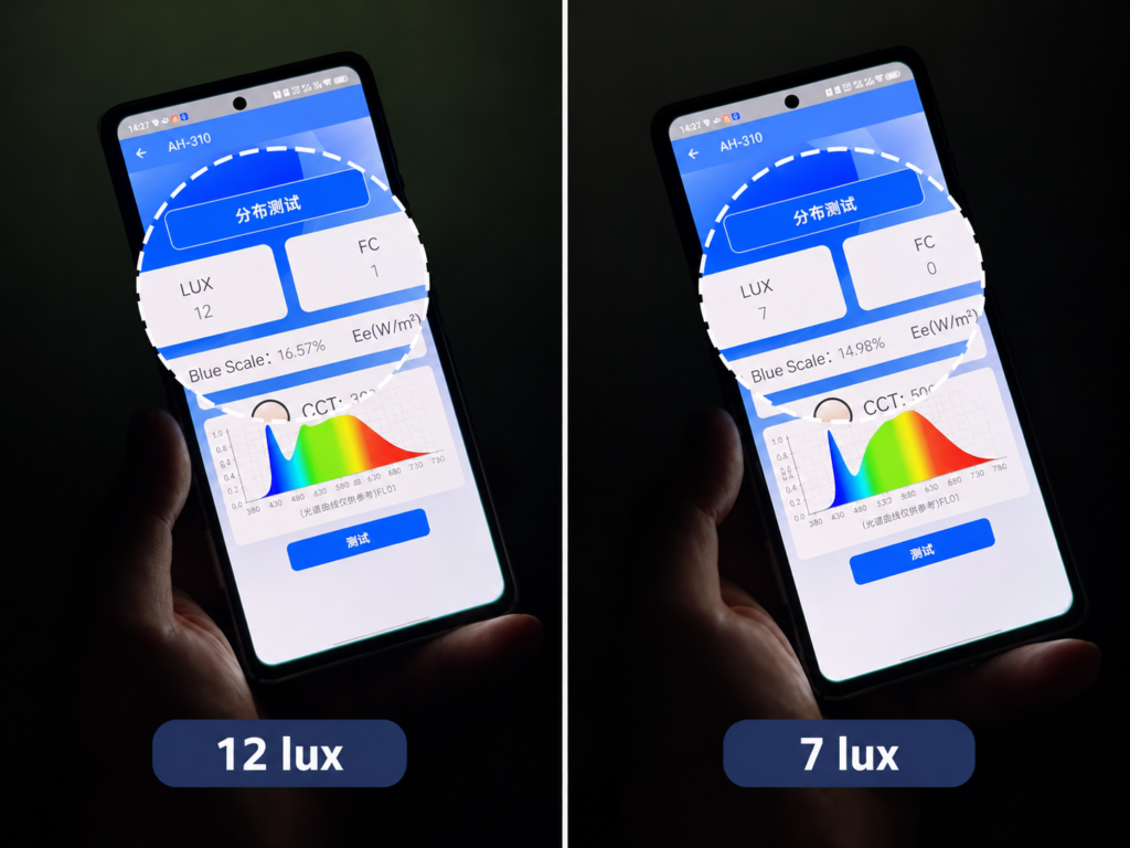 Smartphone flashlight comparison showing measured illuminance of 12 lux versus 7 lux