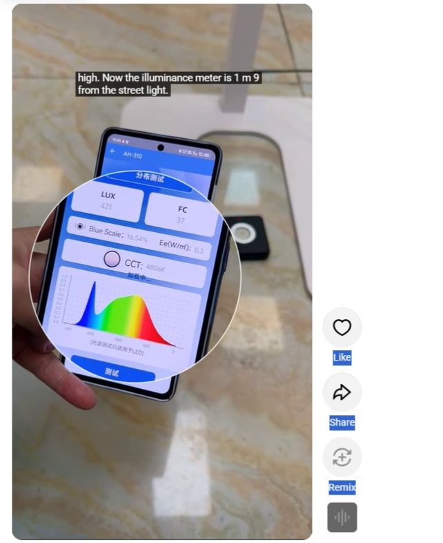 Floor-standing study lamp measurement results showing 421 lux, 16.54% Blue Scale and 4806 K
